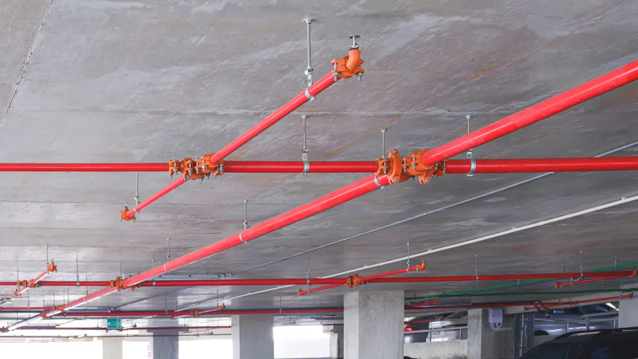 Commercial fire sprinkler system installation with red pipes and valves