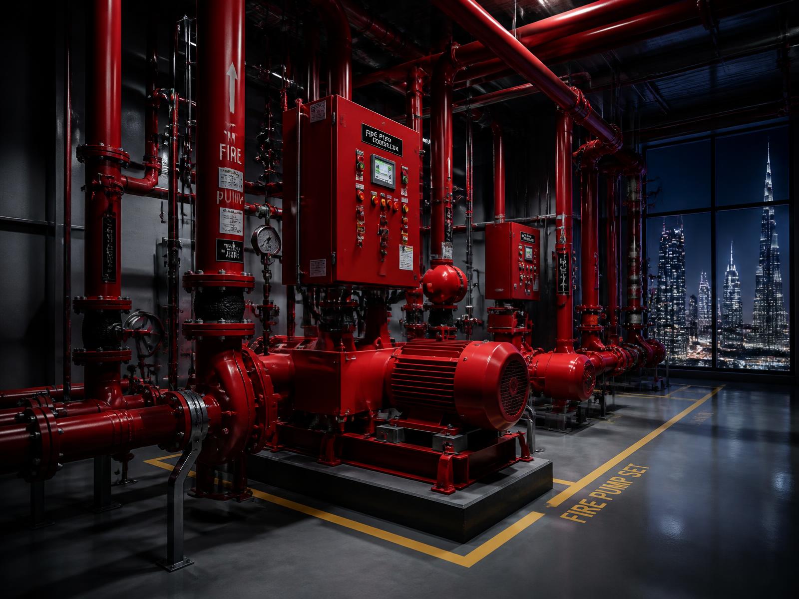 Fire pump room with red pipework and control panels in Dubai